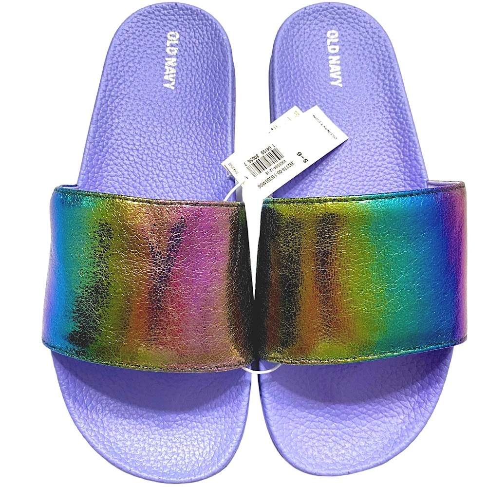 Old Navy Girl’s Slides Sandals Purple Metallic Rainbow Youth 5 6